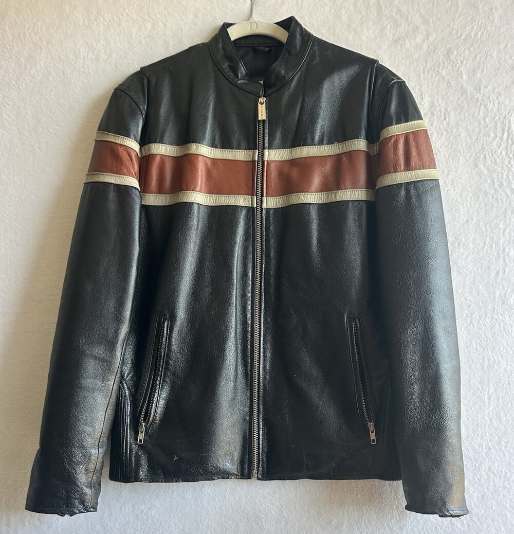 Wilsons Leather Men's Motorcycle Jacket Black Striped Full Zip Lined Size S